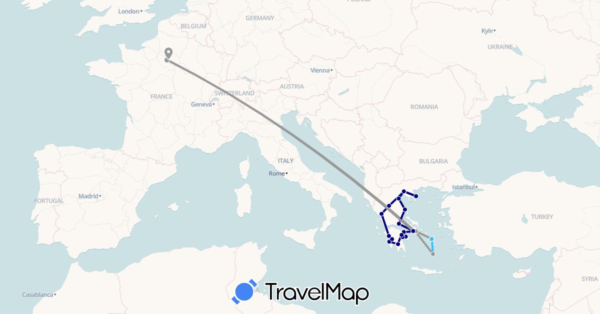TravelMap itinerary: driving, bus, plane, train, boat in France, Greece (Europe)